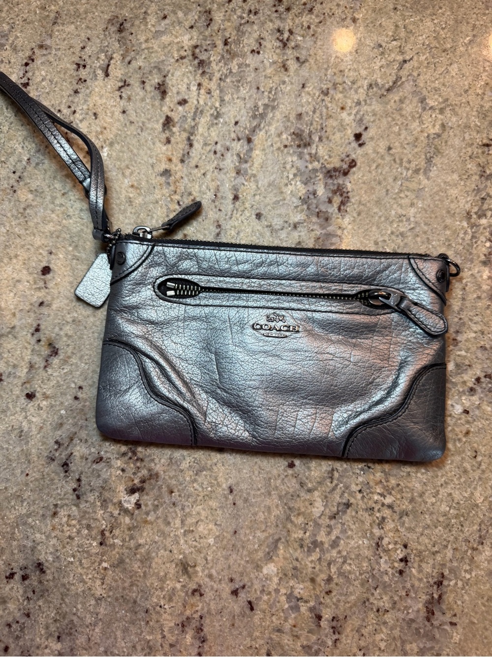 Coach Black/pewter Leather Wristlet Clutch